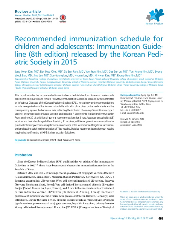 Recommended immunization schedule for children and adolescents: immunization guideline 2015 (8th ed)