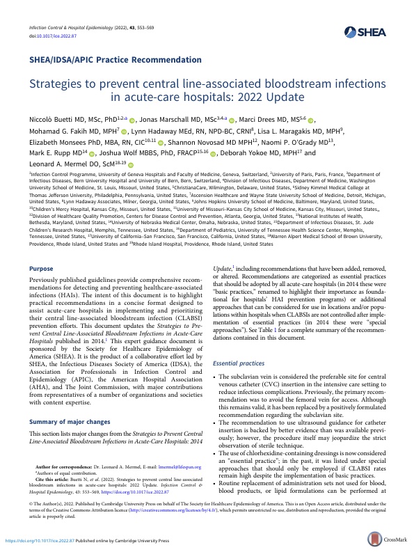 Strategies to prevent central line-associated bloodstream infections in acute-care hospitals: 2022 Update