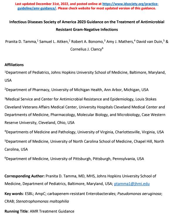 Infectious Diseases Society of America 2023 Guidance on the Treatment of Antimicrobial Resistant Gram-Negative Infections
