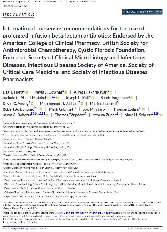 International consensus recommendations for the use of prolonged-infusion beta-lactam antibiotics: Endorsed by the American College of Clinical Pharmacy, British Society for Antimicrobial Chemotherapy, Cystic Fibrosis Foundation, European Society of Clini