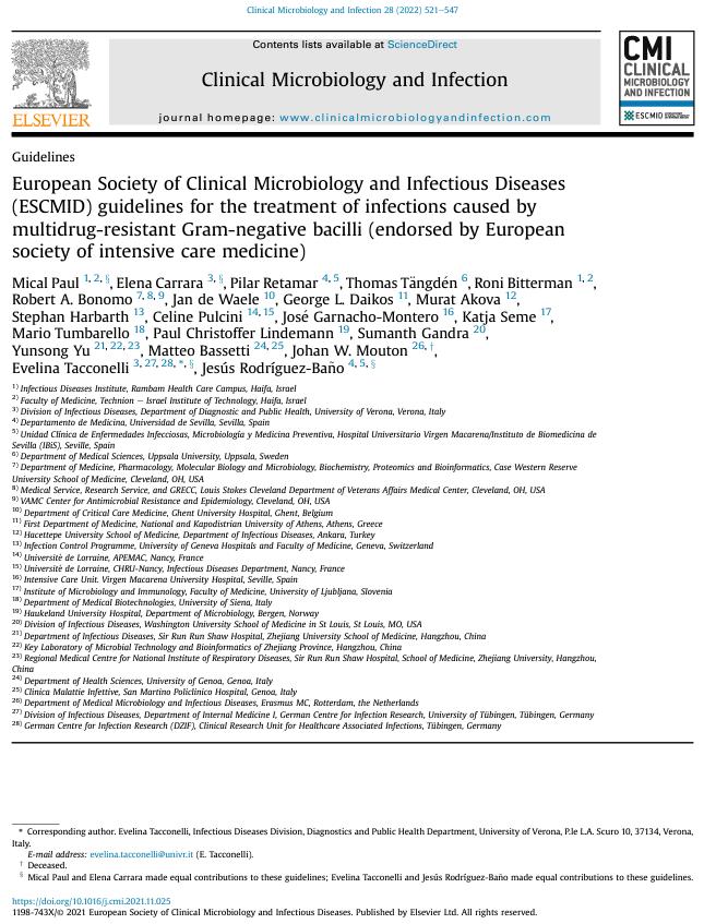 European Society of Clinical Microbiology and Infectious Diseases (ESCMID) Guidelines for the Treatment of Infections Caused by Multidrug-Resistant Gram-Negative Bacilli (endorsed by ESICM –European Society of Intensive Care Medicine)