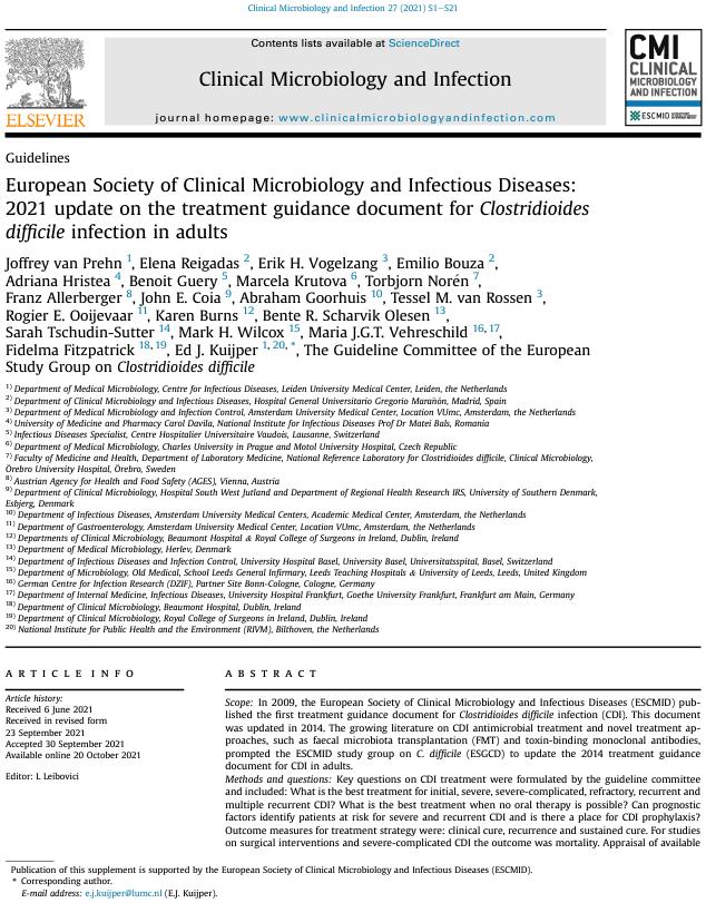 European Society of Clinical Microbiology and Infectious Diseases: 2021 update on the treatment guidance document for Clostridioides difficile infection in adults